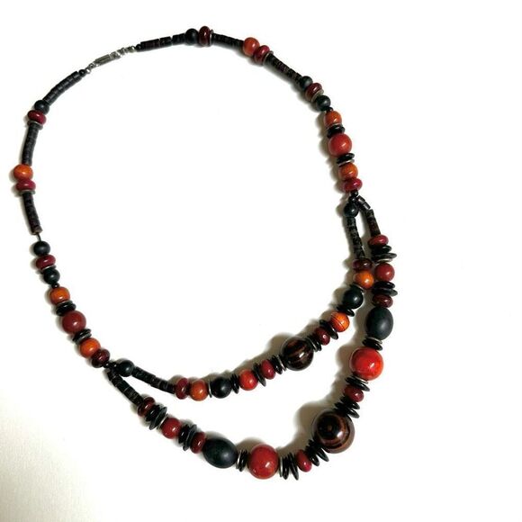 VINTAGE CAROL DAUPLAISE MULTI strand  WOOD & SHELL BEAD NECKLACE - Picture 7 of 11